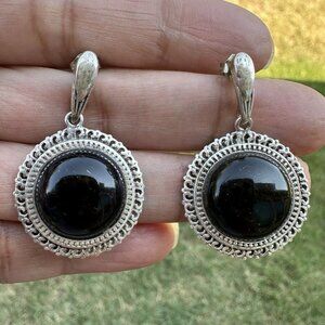 VTG Dangle Earrings 925 Sterling Silver‎ Black Glass Floral Edge Stud Boho 12.3g